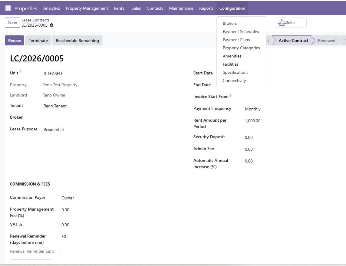 Lease contract record with payment schedule and commission fields