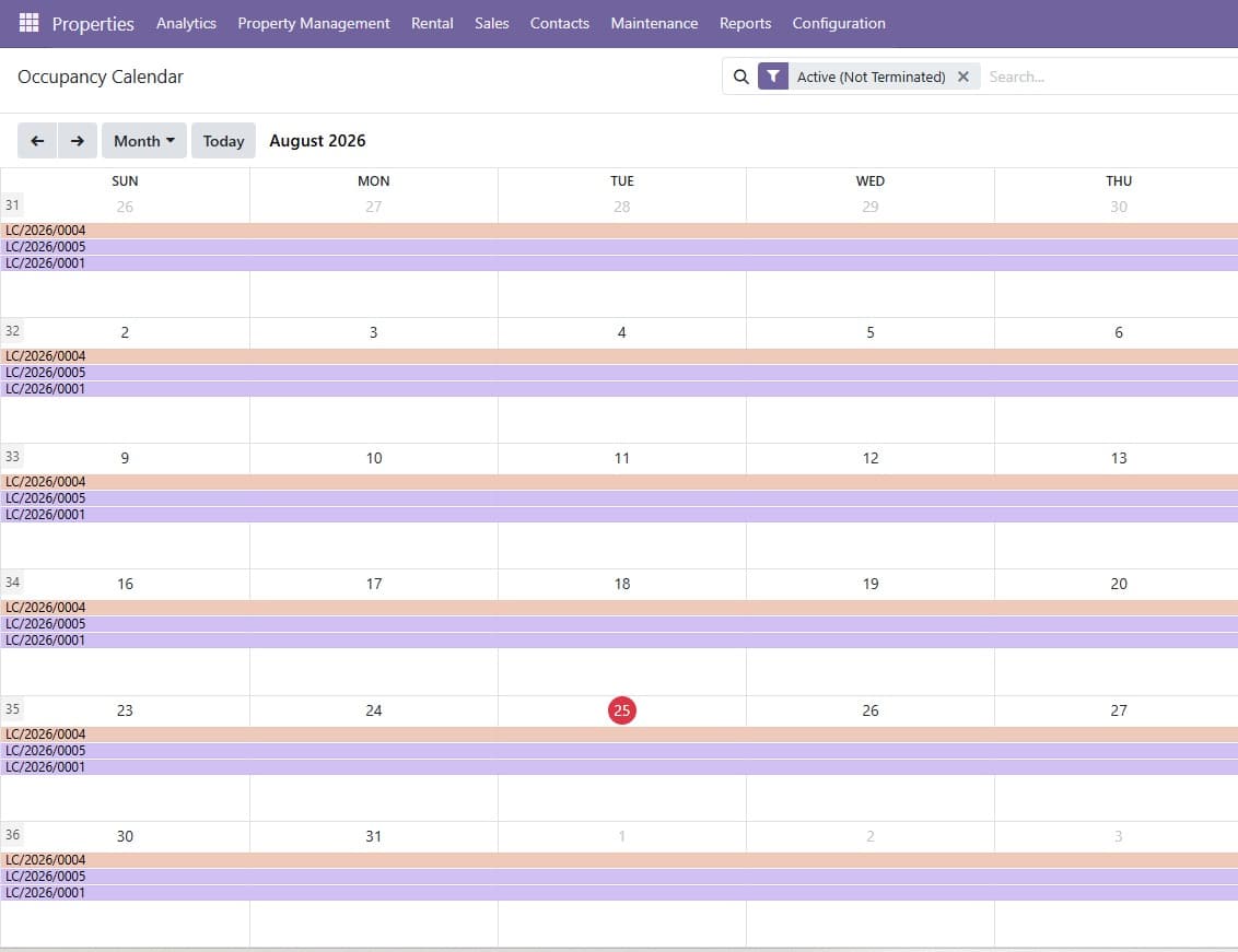 Occupancy calendar showing active lease contracts by month