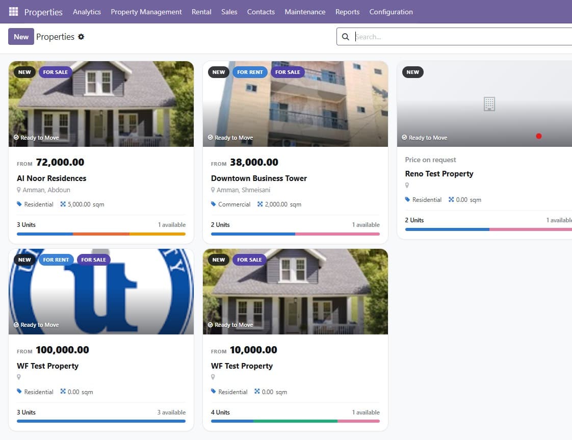 Property portfolio grid view with pricing and unit availability