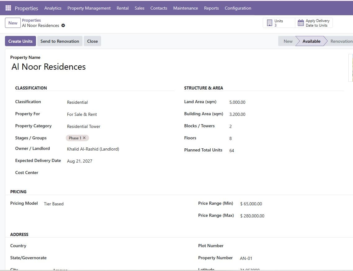 Detailed property record with classification, structure, and pricing