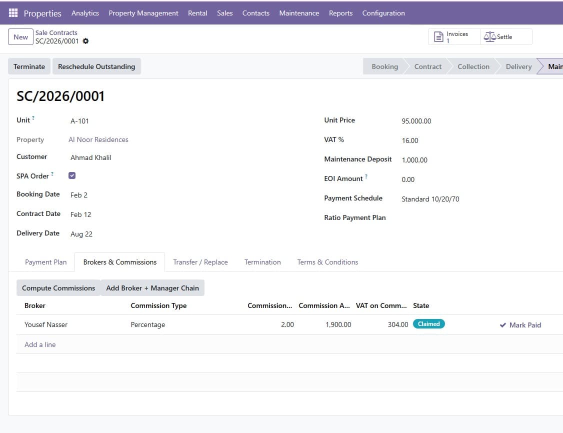Sale contract record with broker commissions and VAT
